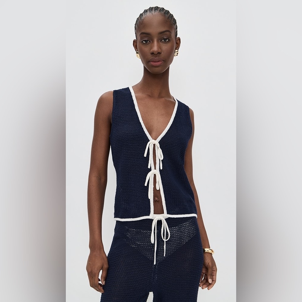 Onia Air Linen Tie Front Knit Tank Top in Noir Navy/Egret
